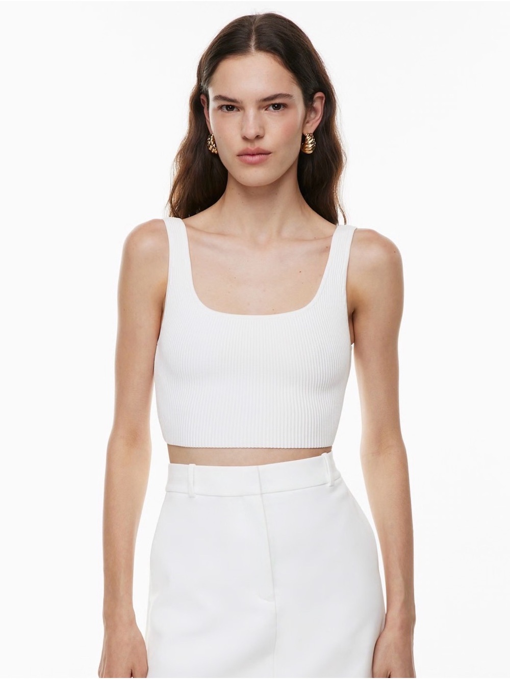 White Ribbed Square-Neck Sculpt Knit Cropped Tank